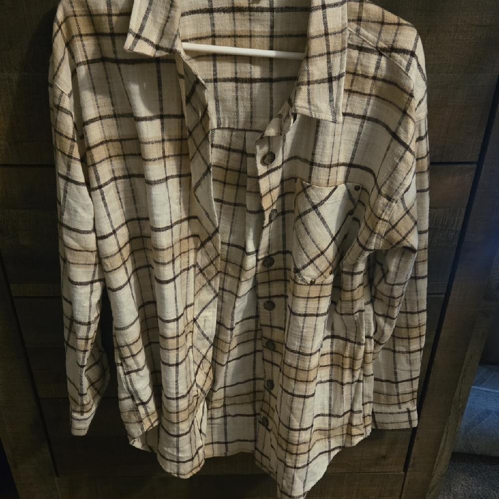 Maurices Beige and Black Plaid Women's Button Down Shirt